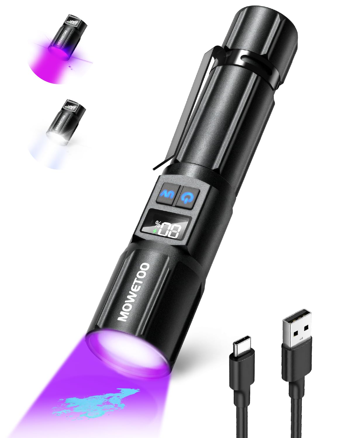 MOWETOO Black Light Flashlight front view; highlights fluorescence for stain detection.