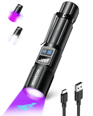 MOWETOO Black Light Flashlight front view; highlights fluorescence for stain detection.