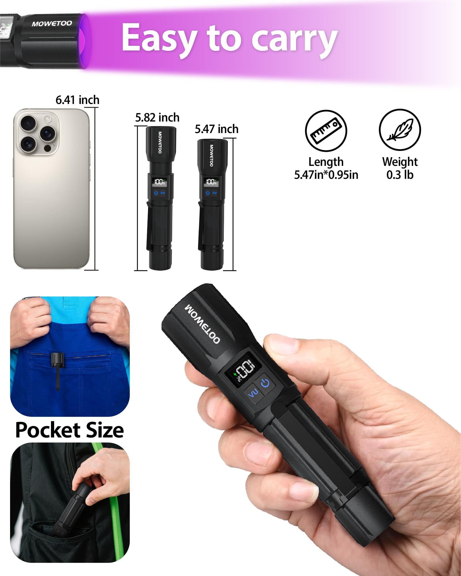 MOWETOO Black Light Flashlight resin curing and mineral detection application.
