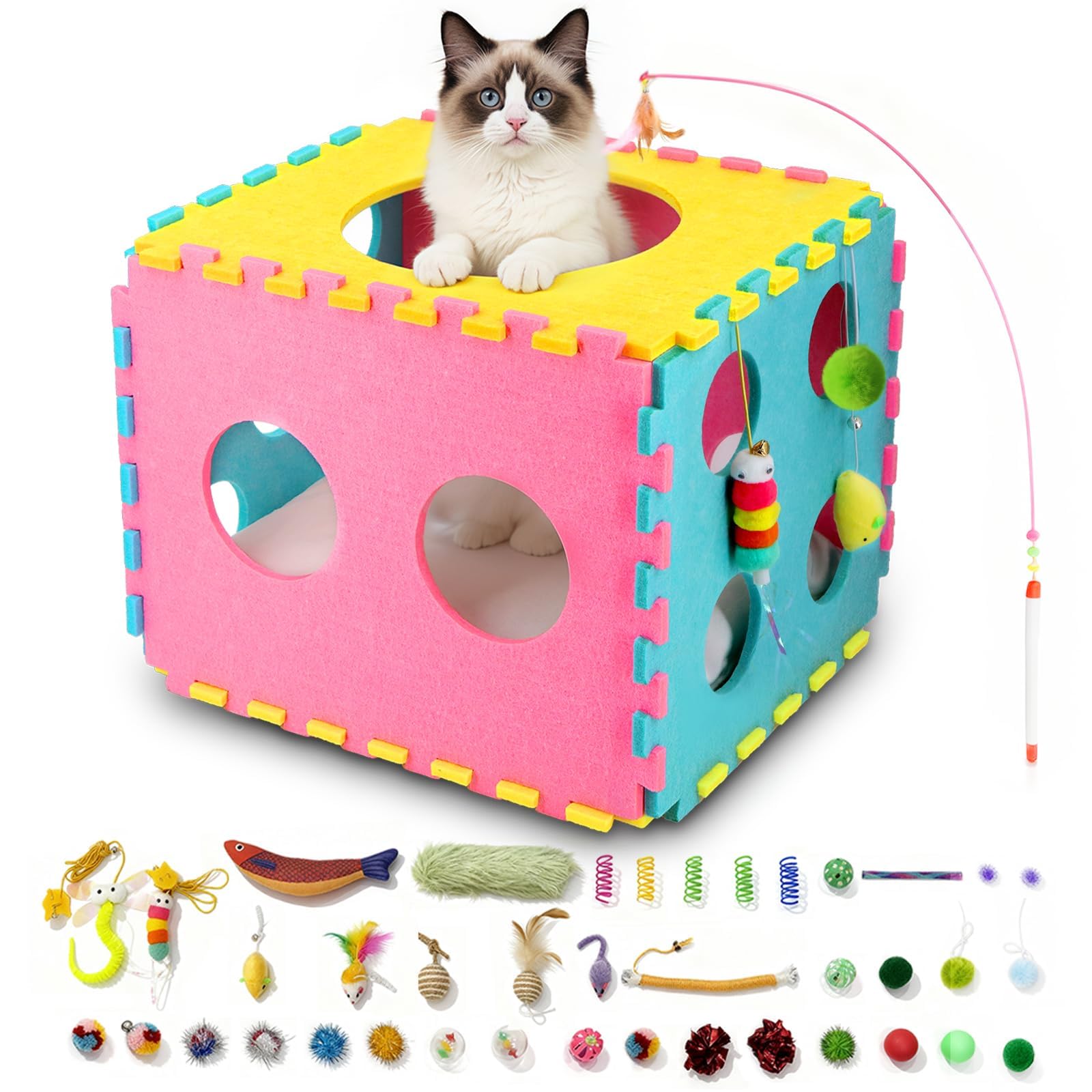 MOYMO 41 Pcs interactive cat toys indoor set cover, inviting curious cats to explore and play.