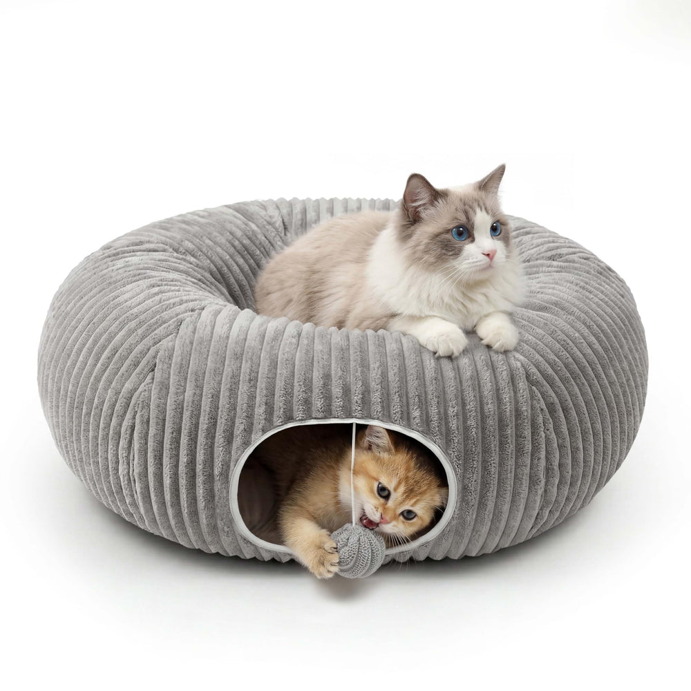 MOYMO cat tunnel bed with circular tunnel opening, plush padding for cozy naps.