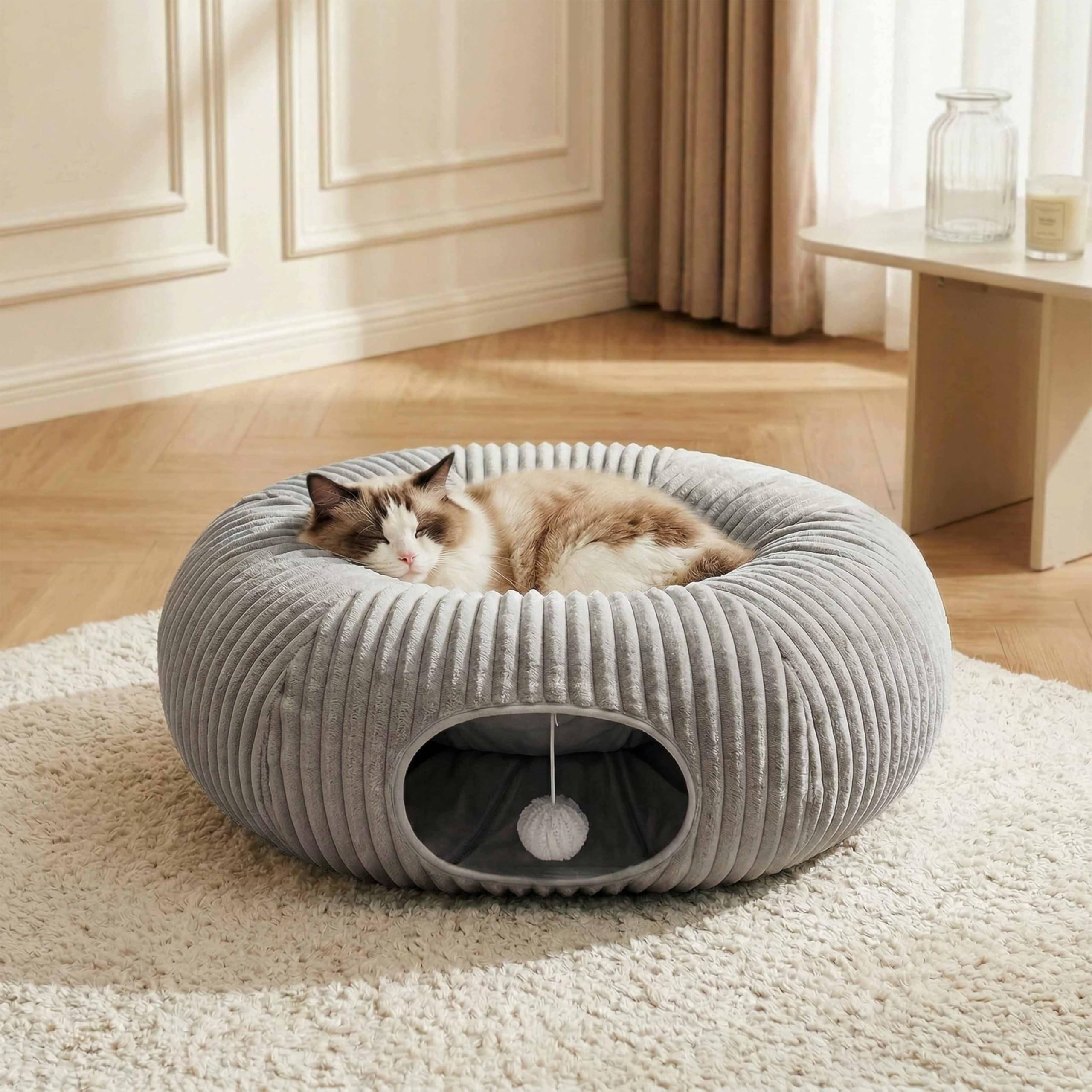 MOYMO cat tunnel bed dimensions show 10-inch tunnel and 15-inch mat for many cats.