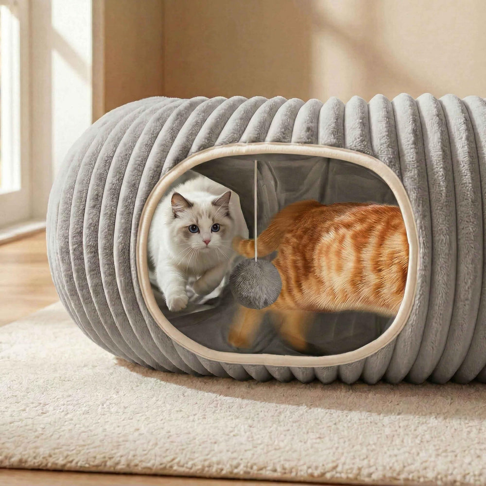 MOYMO cat tunnel bed grey, round entryways ideal for interactive play and hideouts.