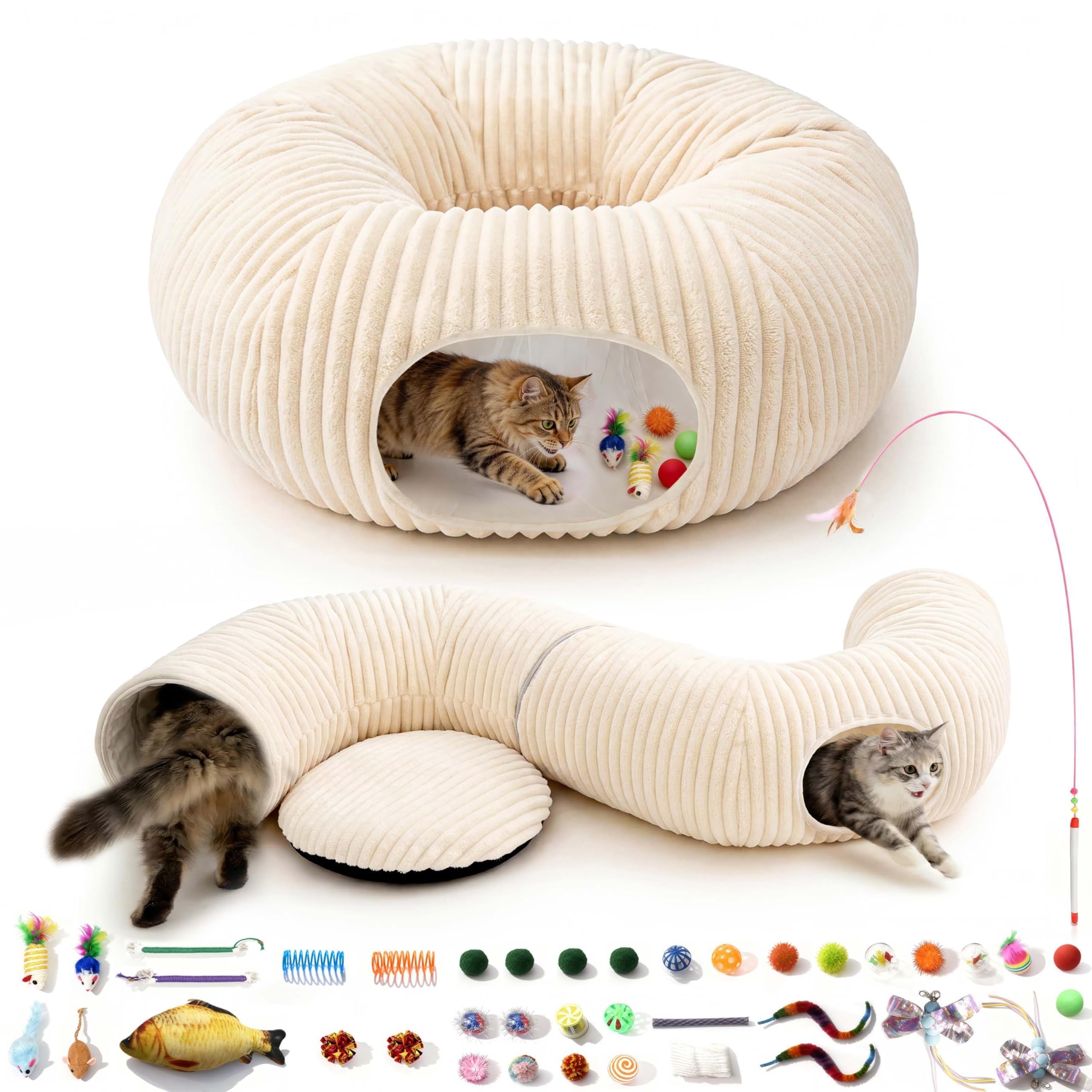 MOYMO cat tunnel bed outer entrance with dangling toys for interactive play