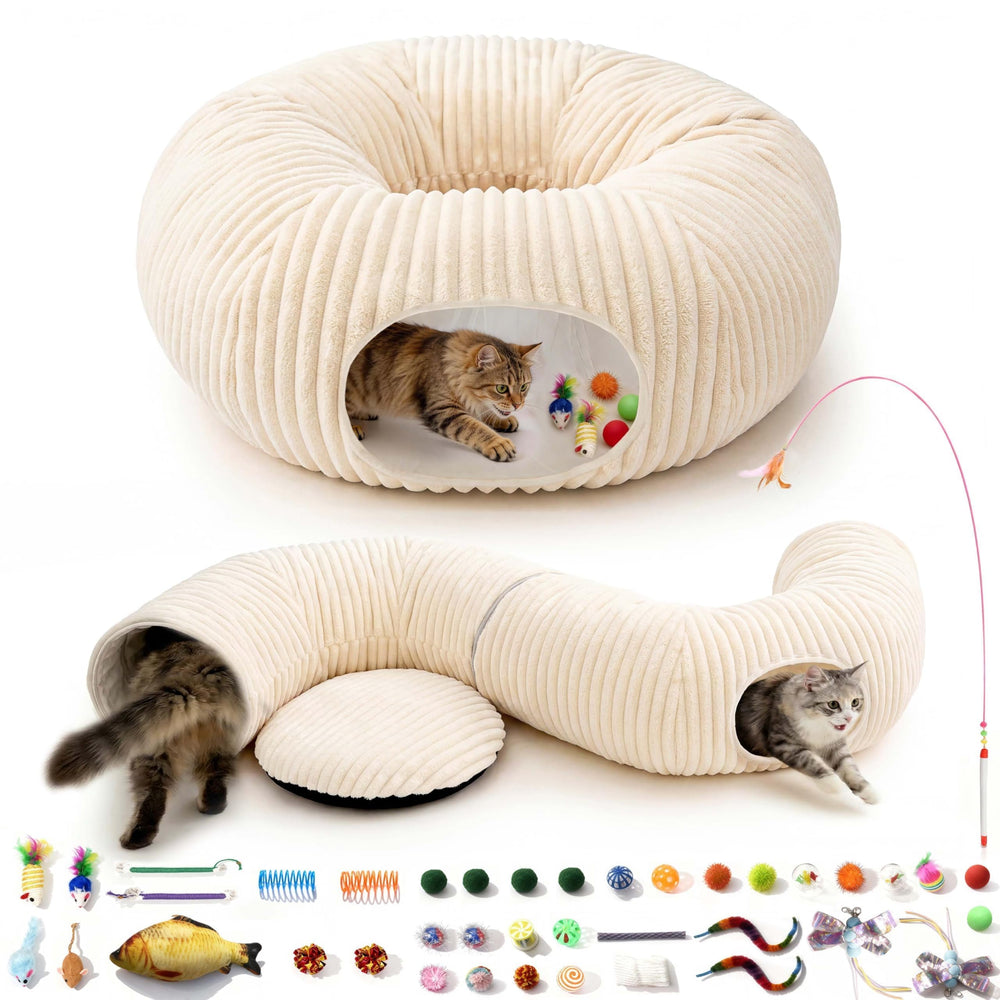 MOYMO cat tunnel bed outer entrance with dangling toys for interactive play