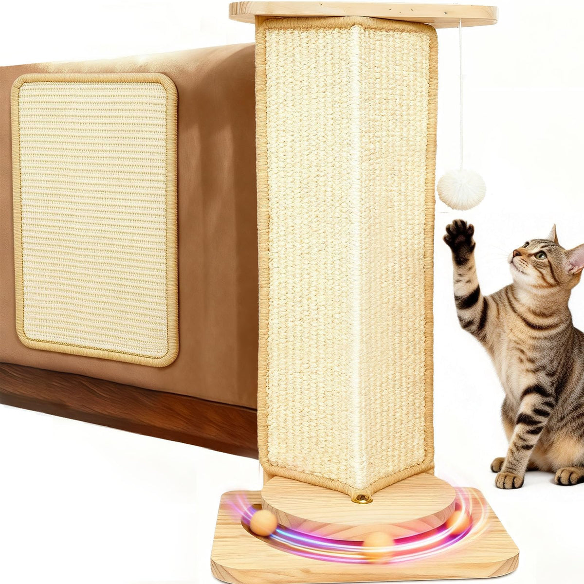 MOYMO couch cat corner scratcher with interactive ball encourages playful exploration.