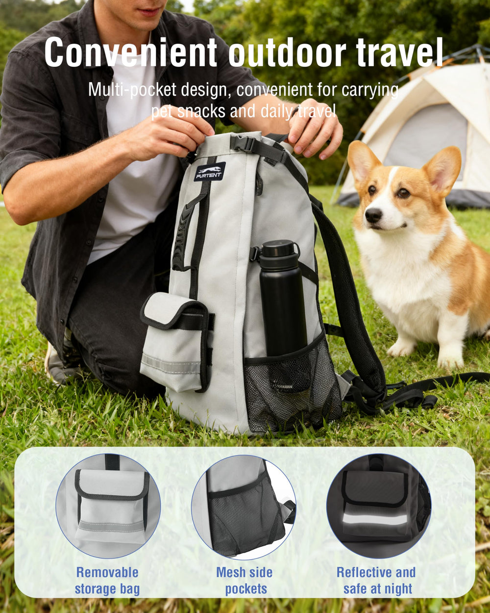 Moysoon dog backpack loading a dog demonstrates easy opening and loading