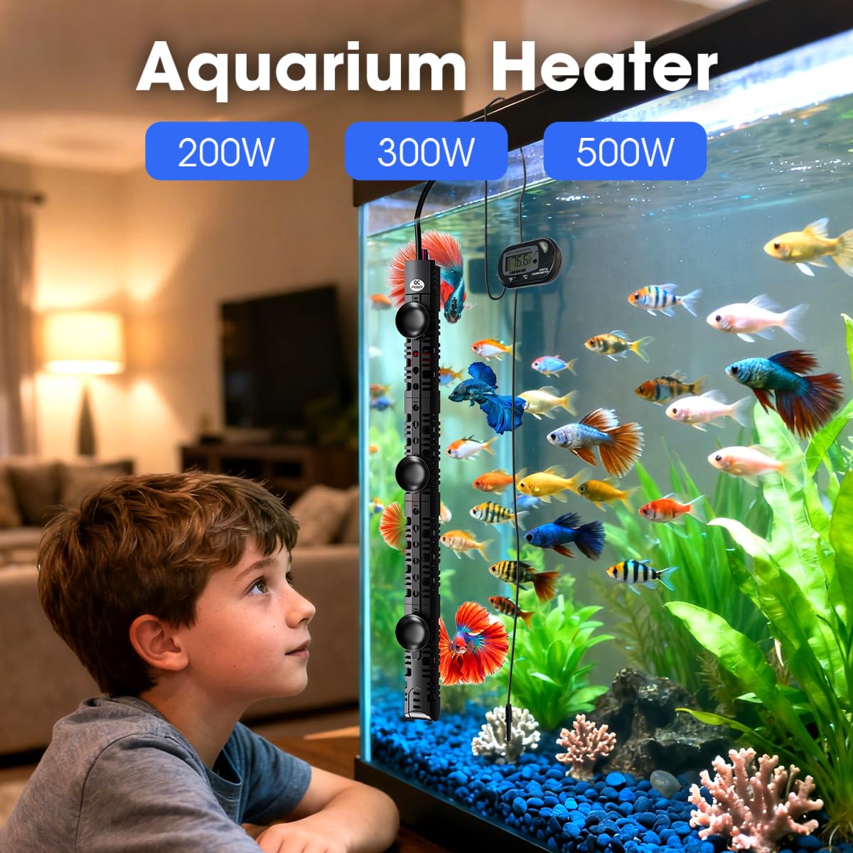 MQ aquarium heater with digital thermometer display for easy temp monitoring