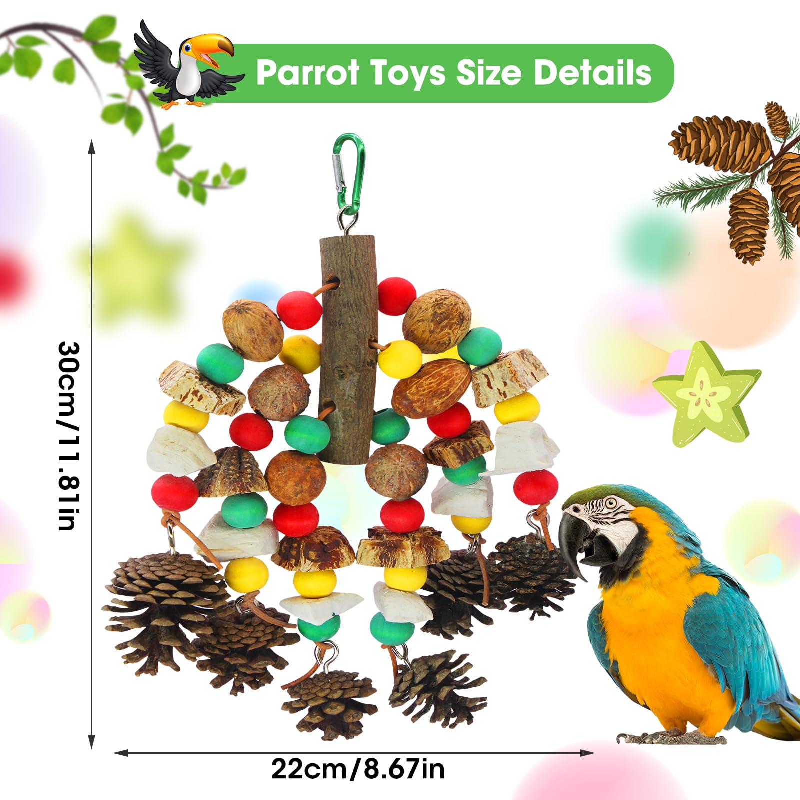 Brightly colored MQUPIN toy with pine cones and blocks to stimulate curiosity.