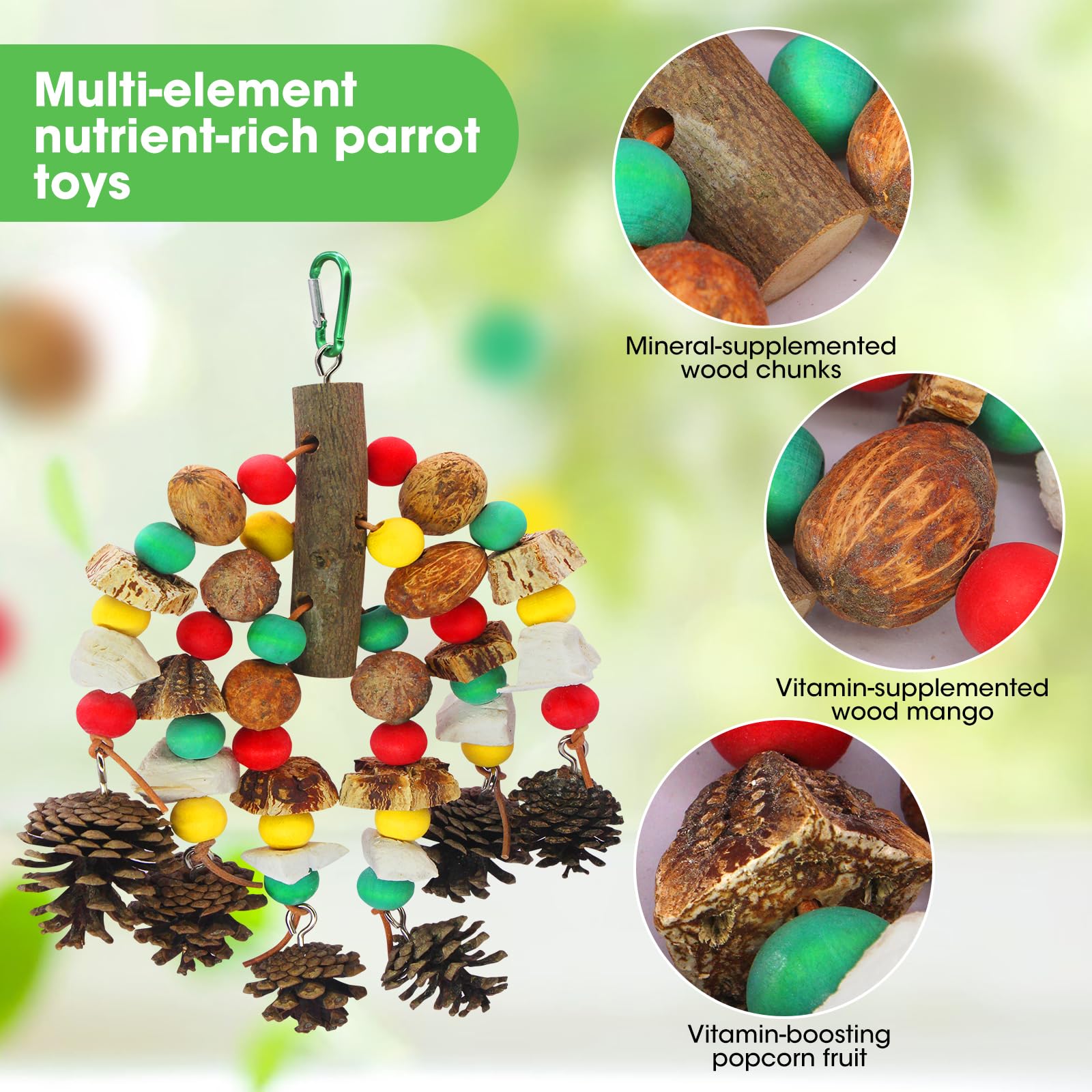 MQUPIN natural wooden parrot chew toy invites safe chewing and cage activity.
