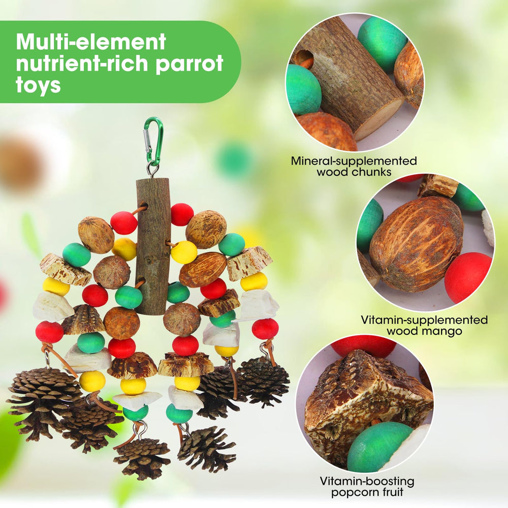 MQUPIN natural wooden parrot chew toy invites safe chewing and cage activity.