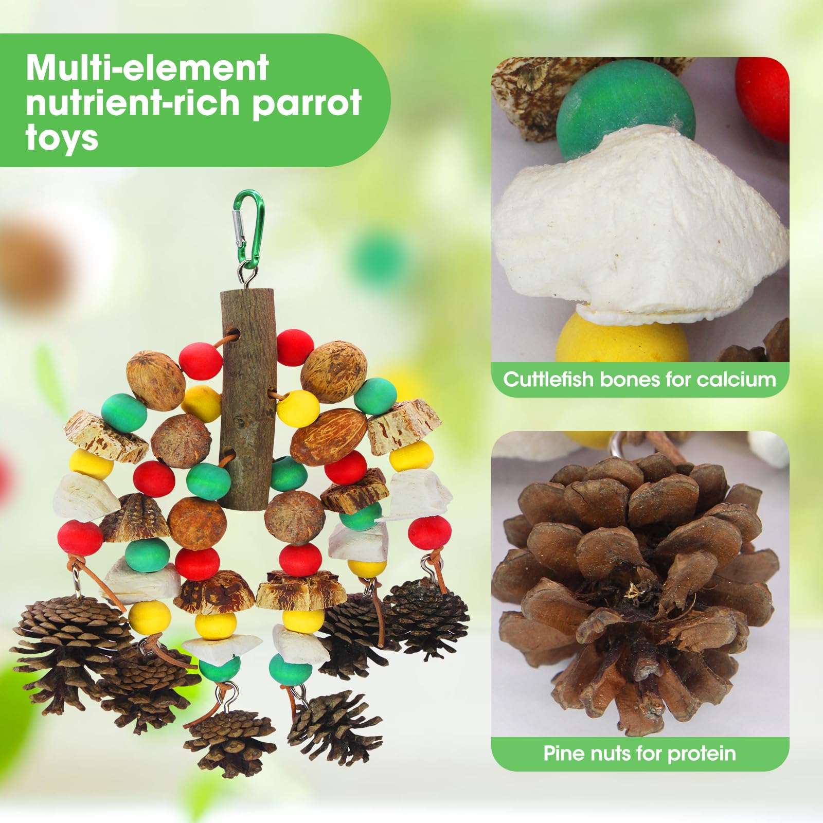 MQUPIN parrot toy with cuttlefish bones for calcium-like support and gnawing fun.