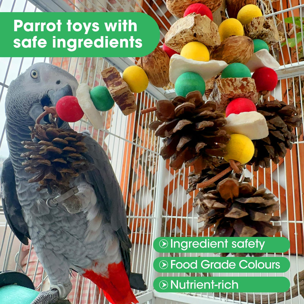 MQUPIN parrot toy with wooden mangoes and carambola for varied textures.