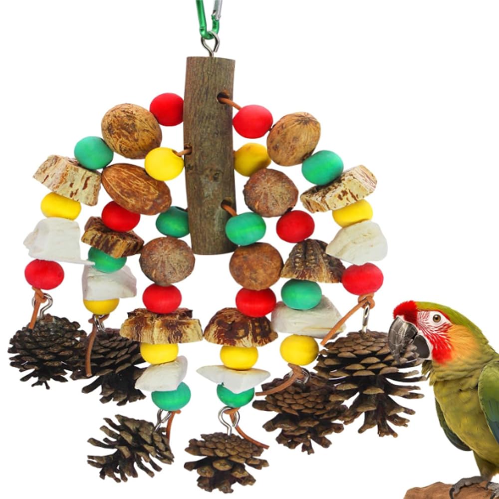 MQUPIN parrot toy with nutrient-rich blocks for enrichment and beak exercise.