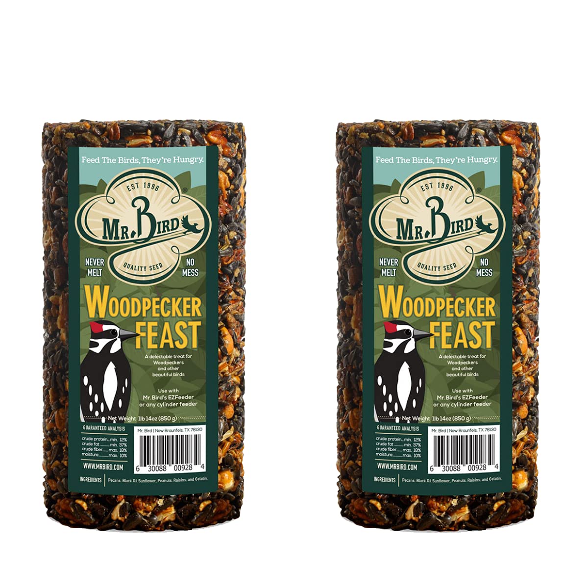 Mr. Bird Woodpecker Feast cylinder block ready for year-round feeding with no mess.