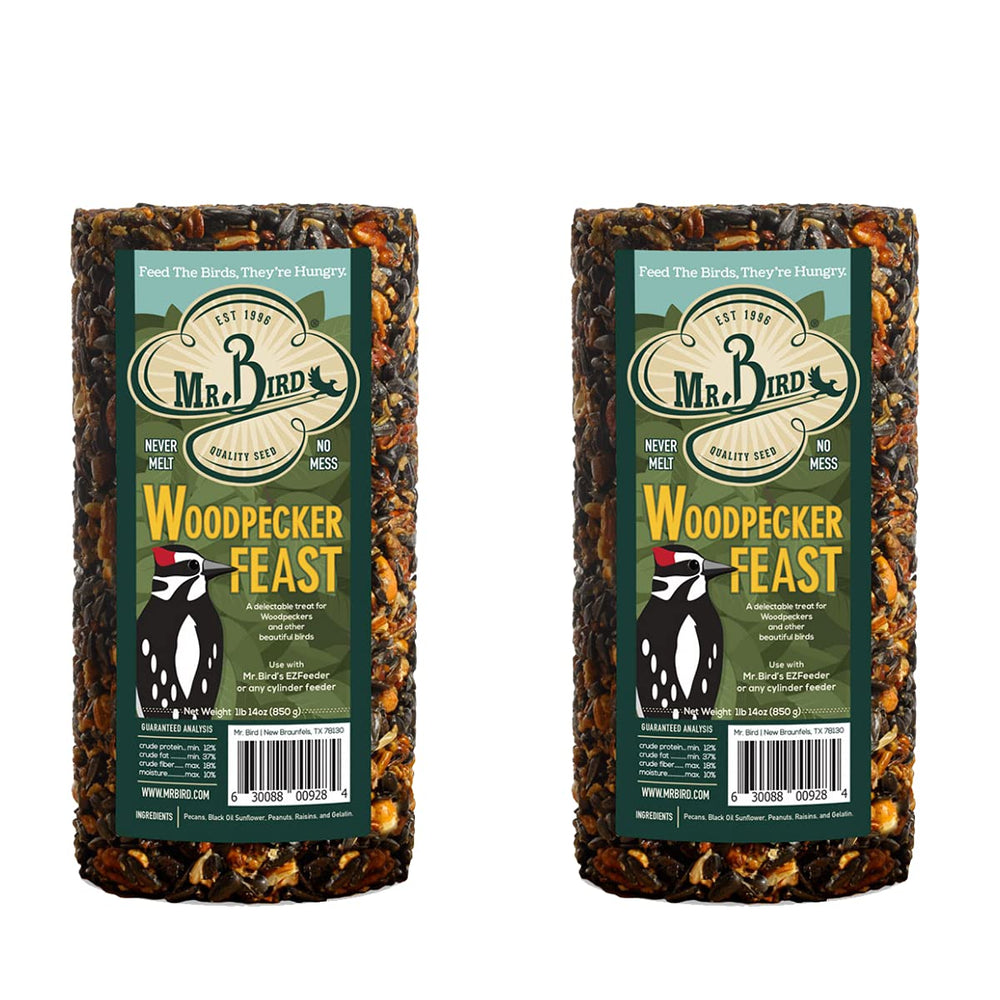Mr. Bird Woodpecker Feast cylinder block ready for year-round feeding with no mess.