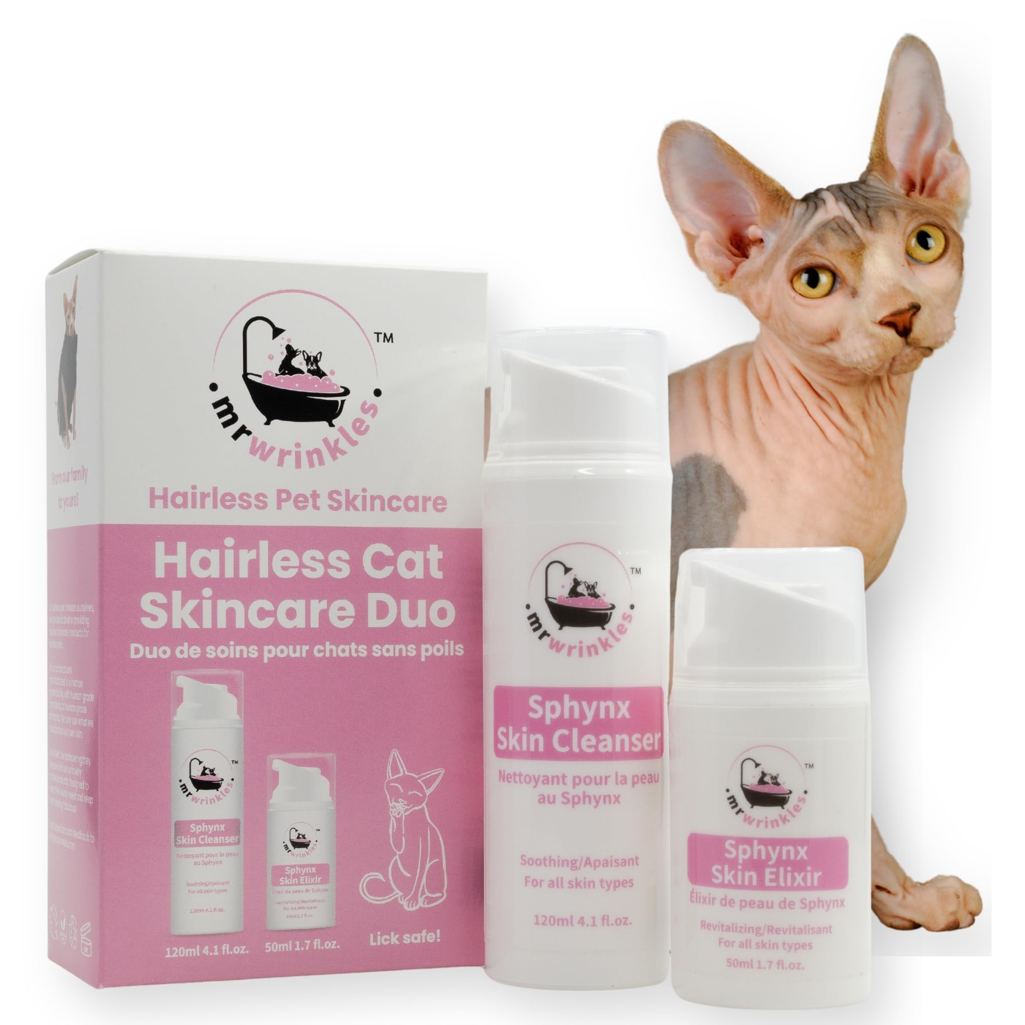 MR WRINKLES Sphynx Skin Care Duo box showing premium packaging for hairless cats