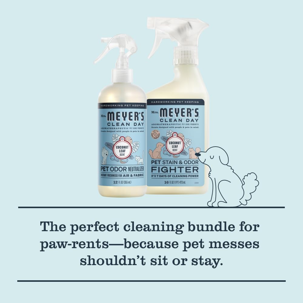 Mrs. Meyer's Clean Day Pet Odor Neutralizer bottle pour freshening soft fabrics.