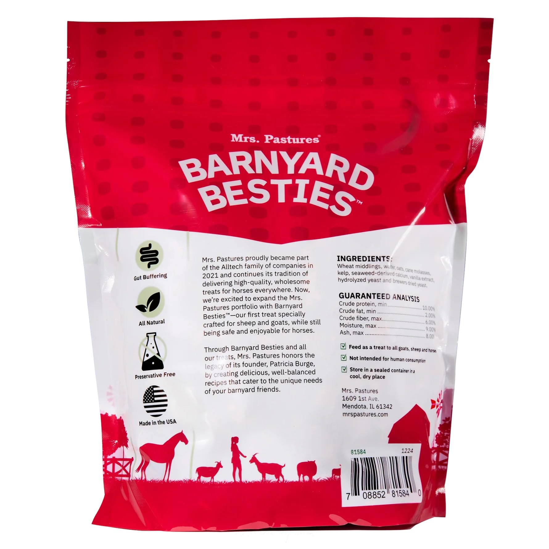 Goats and horses enjoying Mrs. Pastures Barnyard Besties treats during training or snack time
