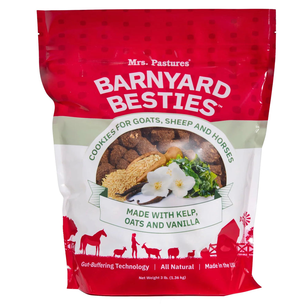 Mrs. Pastures Barnyard Besties packaging showing natural, preservative-free treats for goats and sheep