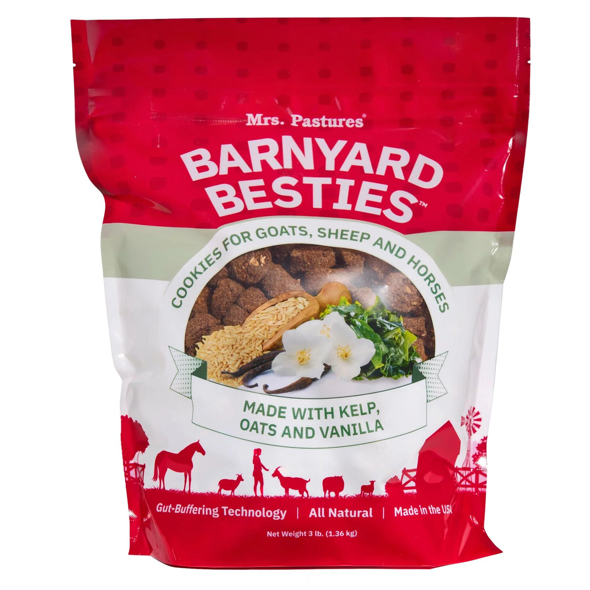 Mrs. Pastures Barnyard Besties packaging showing natural, preservative-free treats for goats and sheep
