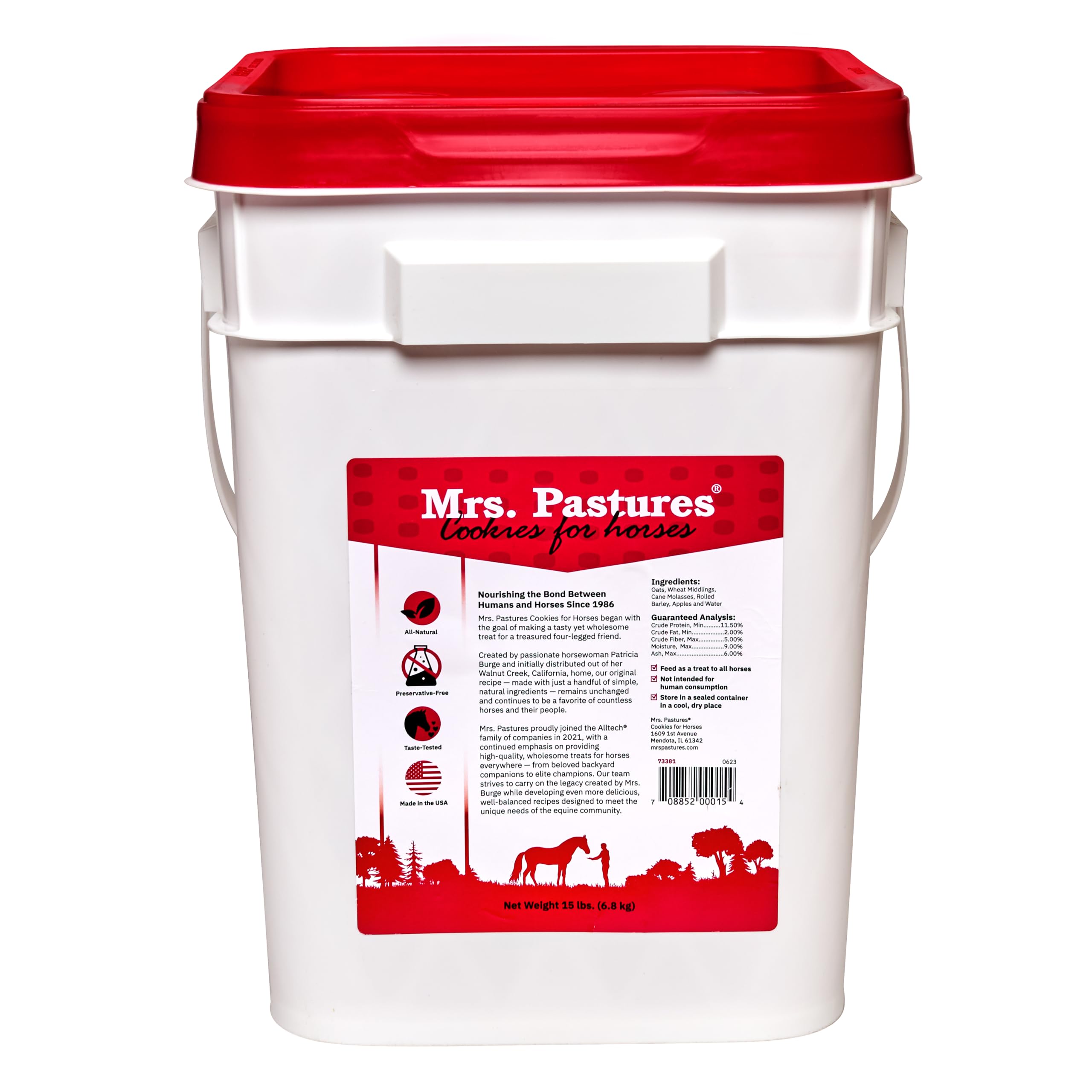 Mrs. Pastures Cookies bucket packaging: easy storage for daily rewards and training sessions.