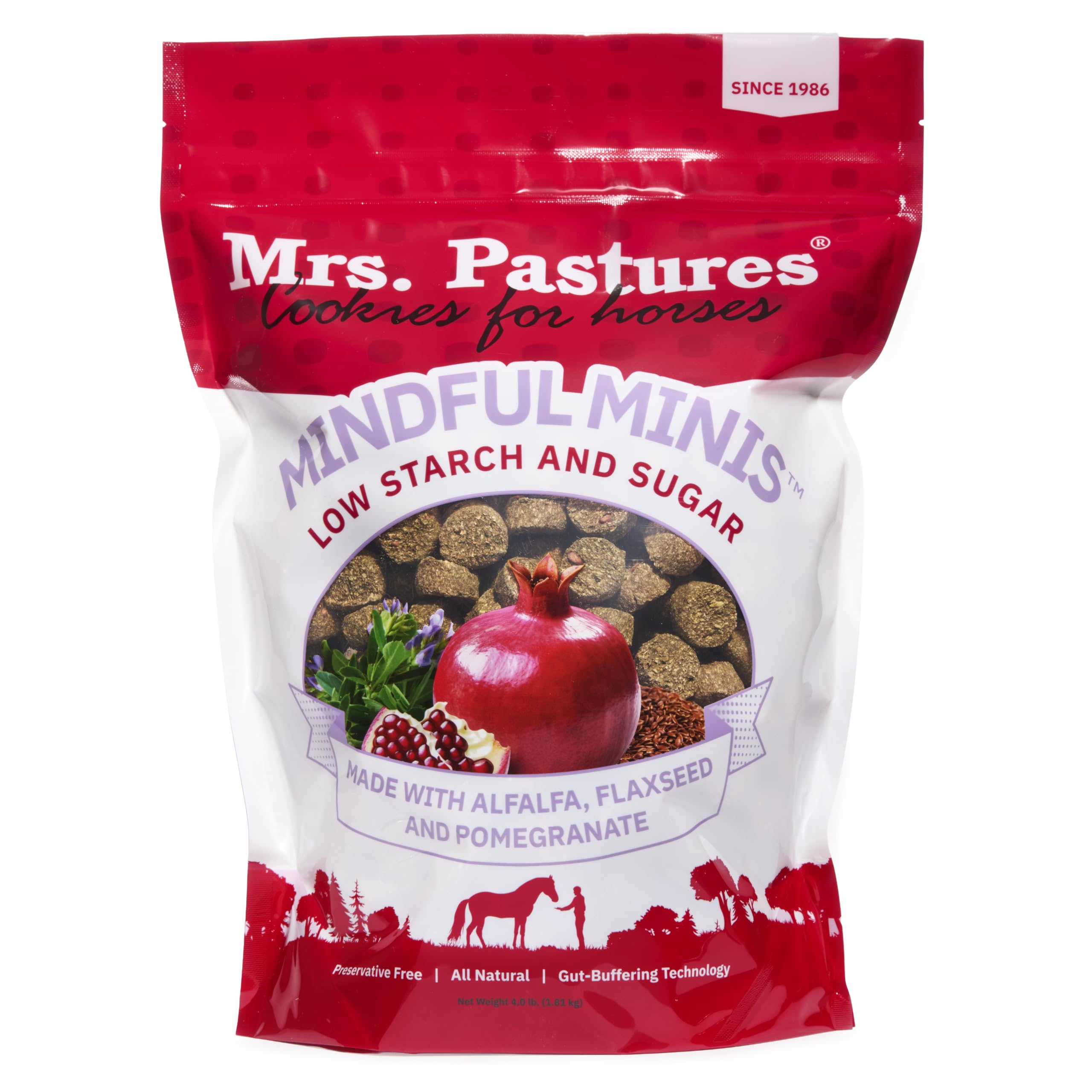 Mrs. Pastures Mindful Minis alfalfa cookie close-up, low-starch reward for calm training.
