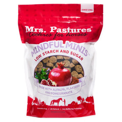 Mrs. Pastures Mindful Minis alfalfa cookie close-up, low-starch reward for calm training.