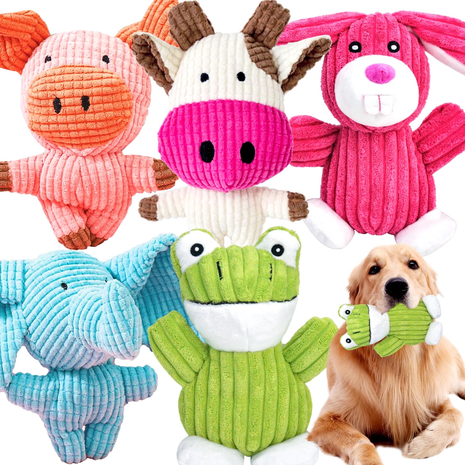 MRSOHRET 5-pack squeaky plush dog toys laid out for playtime.