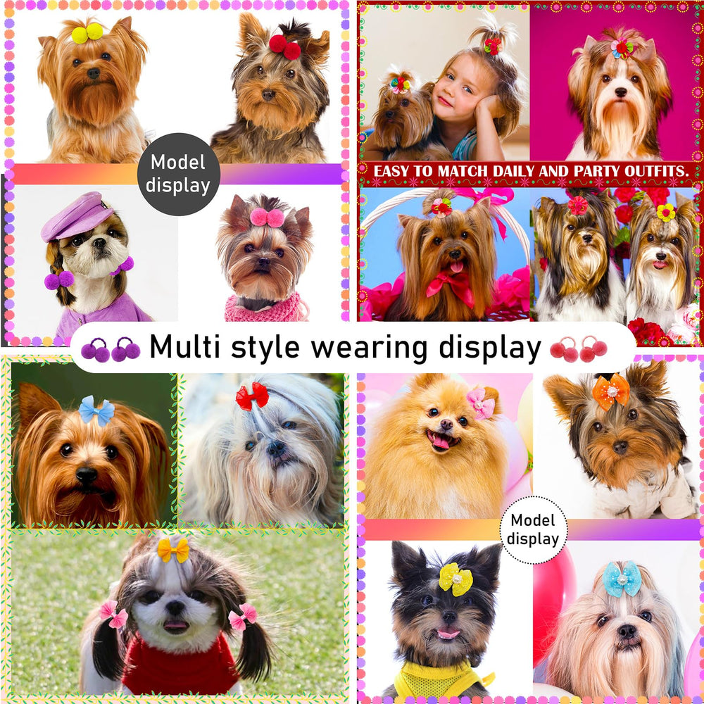Mruq pet flower puff bows styled on a small dog