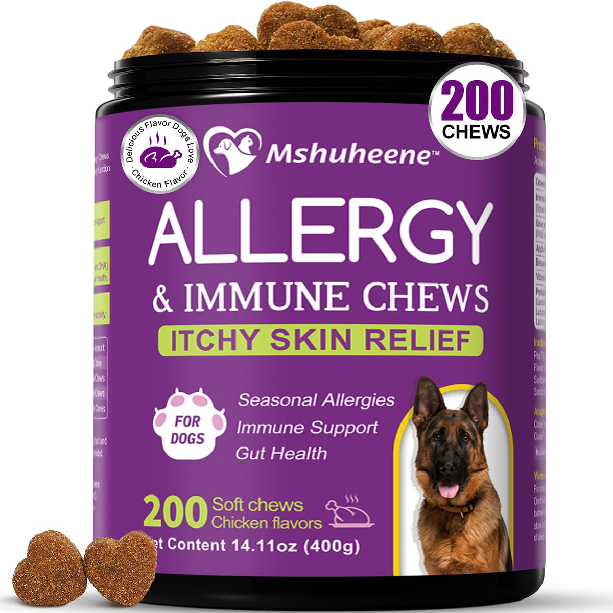 Mshuheene Dog Allergy Chews packaging showing easy daily relief concept.