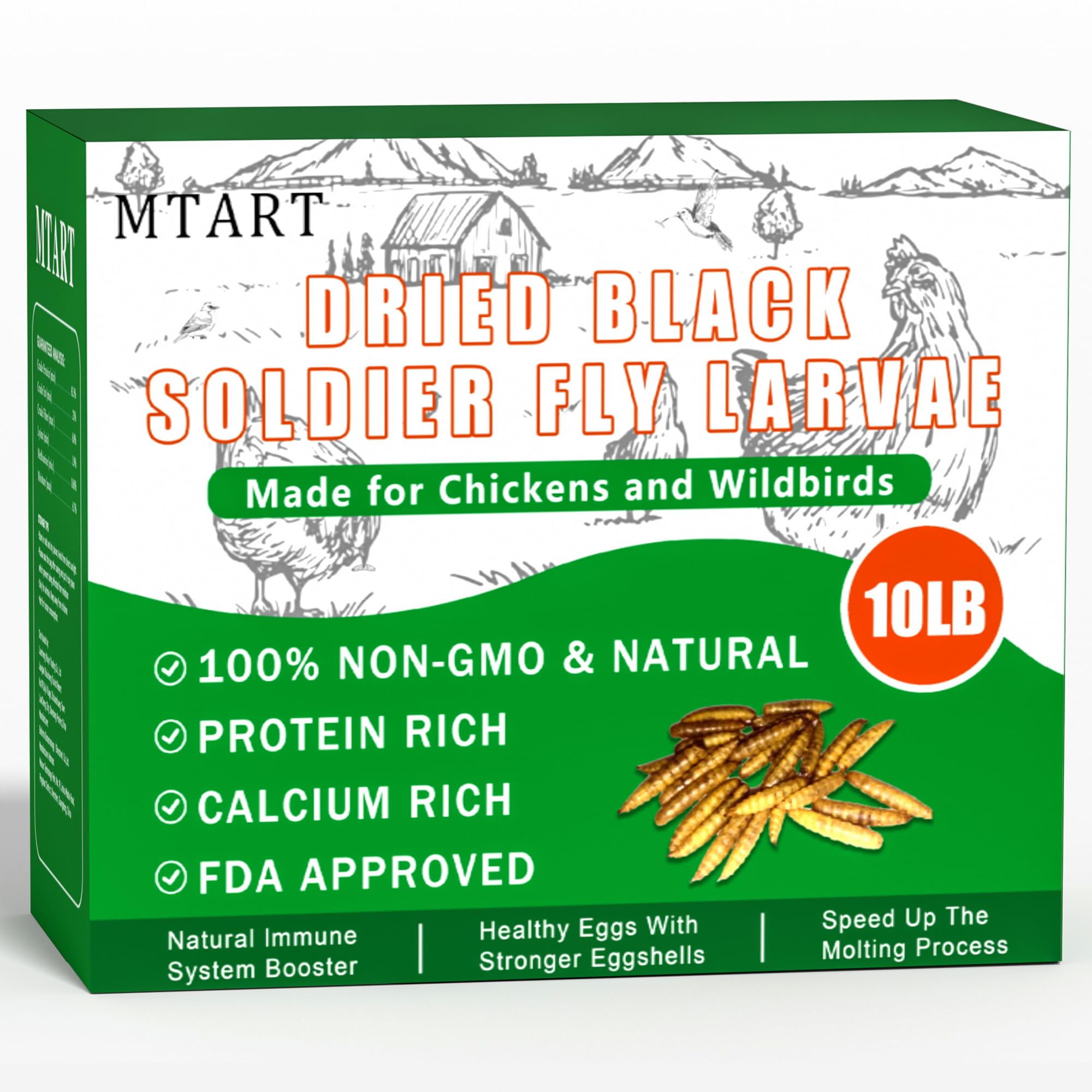 MTART dried black soldier fly larvae close-up, highlighting protein-rich poultry nourishment.