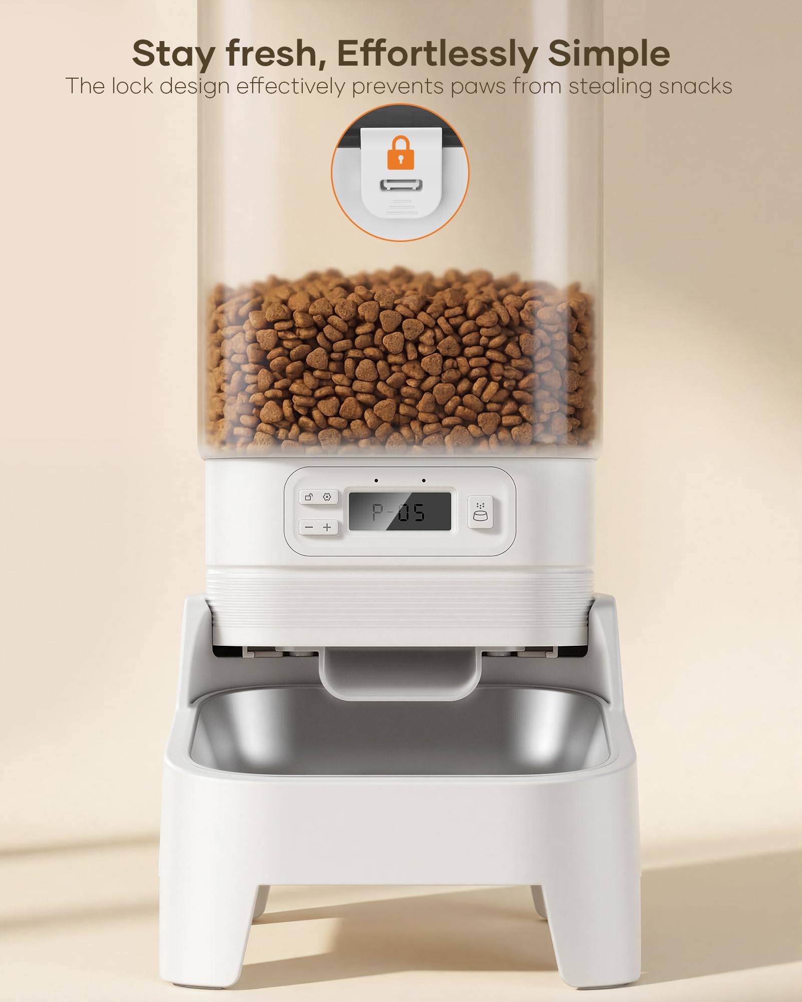 MUBBI triple-lock mechanism blocks paws from sneaking extra snacks.