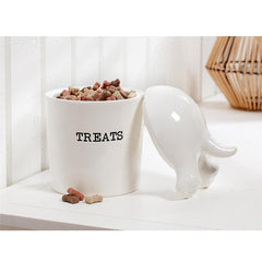 Mud Pie ceramic canister features a debossed TREATS exterior for decoration.