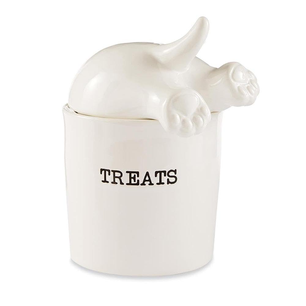 Mud Pie dog-tail treat canister stores treats neatly on a shelf.
