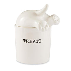 Mud Pie dog-tail treat canister stores treats neatly on a shelf.