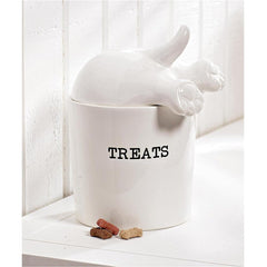 Mud Pie lid with sculpted dog tail provides easy, playful access to treats.
