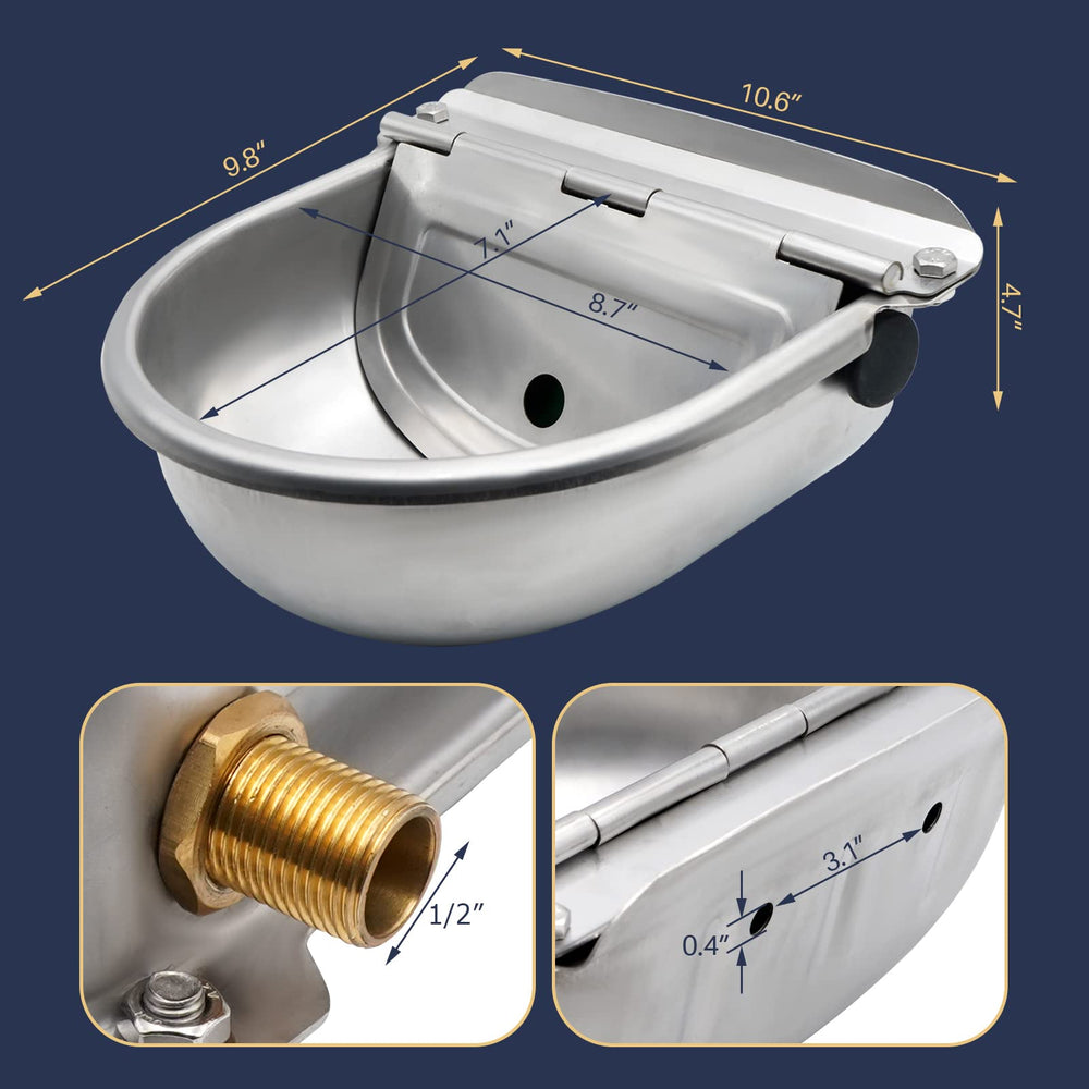 MUDUOBAN stainless steel water bowl close-up with brass float valve ensures reliable refills.