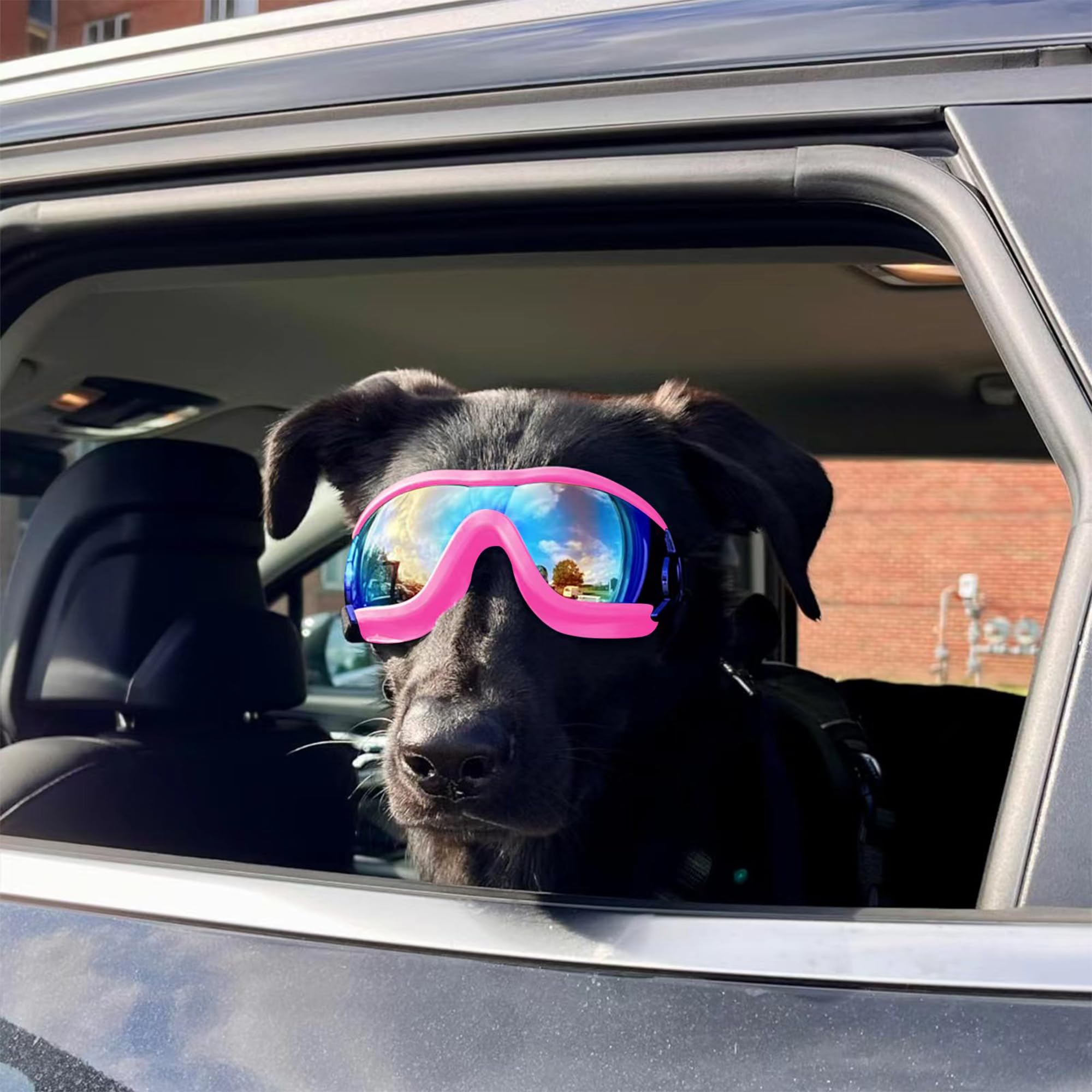 Muejjur dog sunglasses pink frame for outdoor activities.