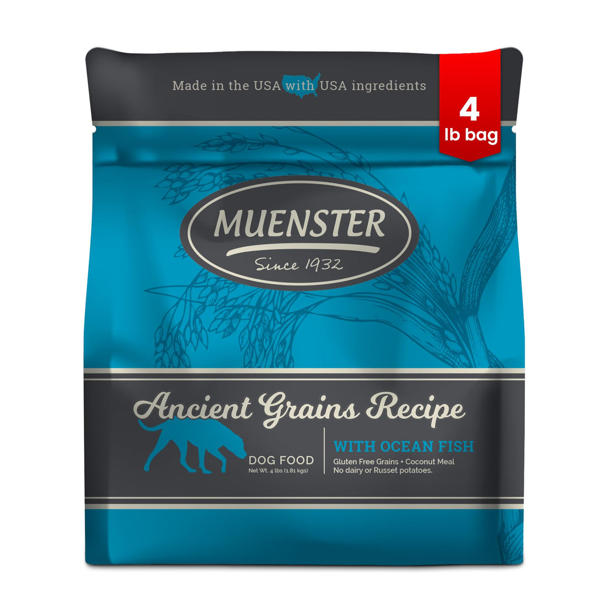 Muenster Ancient Grains Ocean Fish dry dog food bag highlights gluten-free, high-protein nutrition for small dogs.