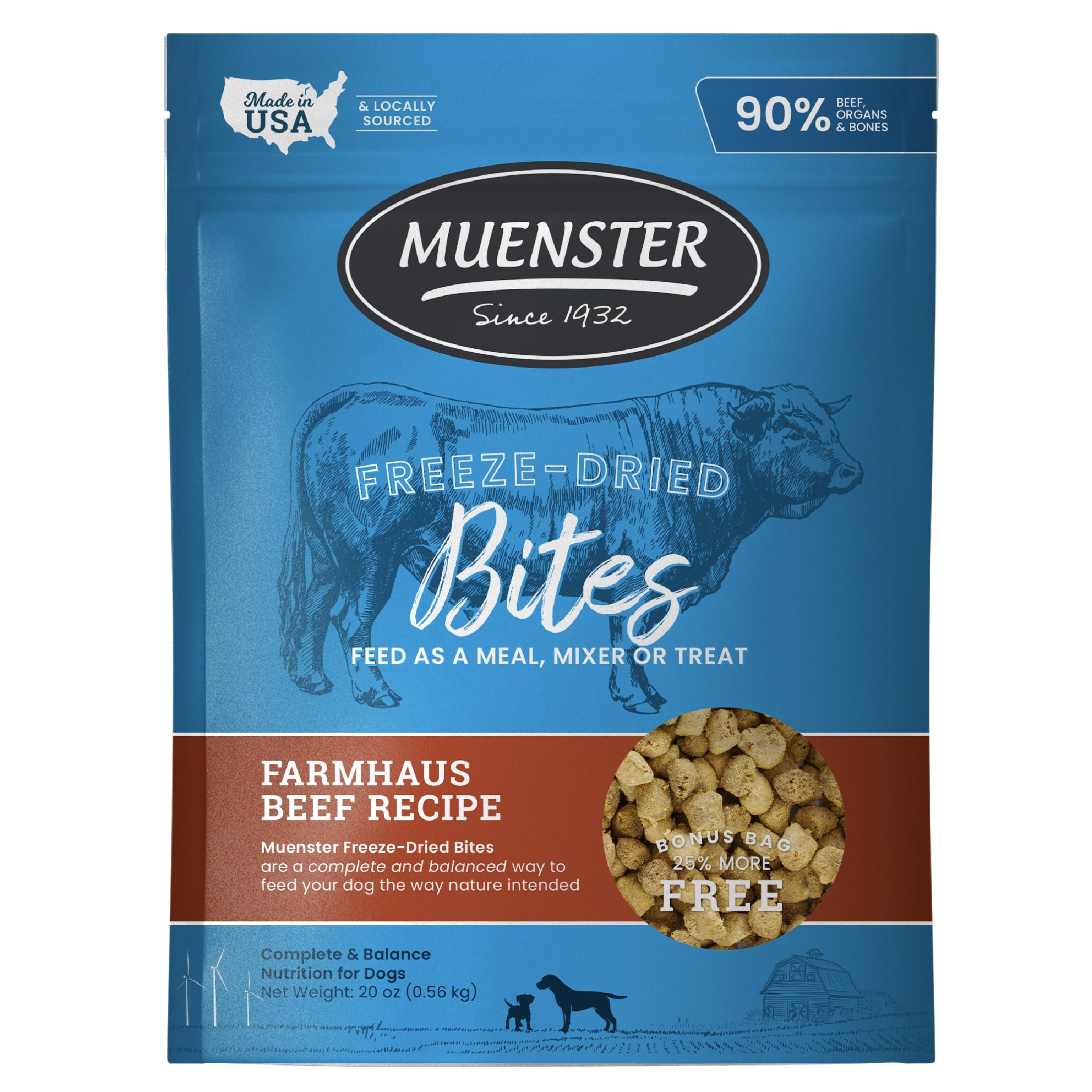 Packaging of Muenster Freeze Dried Beef Bites shows premium protein for dogs