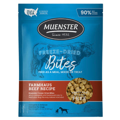 Packaging of Muenster Freeze Dried Beef Bites shows premium protein for dogs
