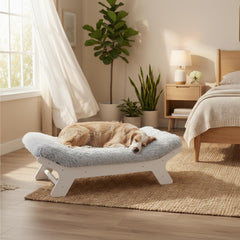 Muihood wood-frame elevated dog bed demonstrates a sturdy frame for active dogs.