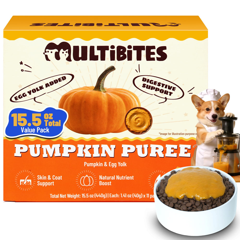 MULTIBITES pumpkin puree packaging in a resealable pouch for fresh, convenient pet feeding.
