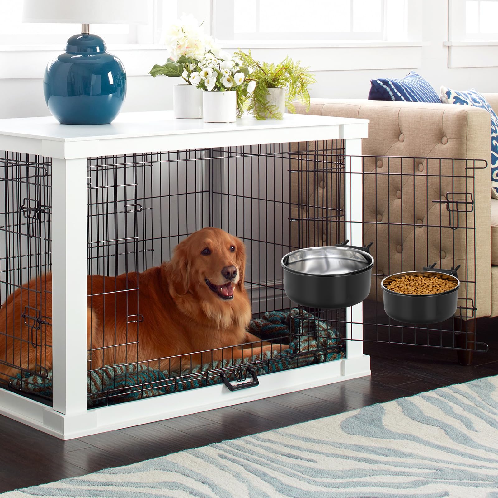 MultiOutools crate dog bowls fit kennels with 8 cm bar spacing