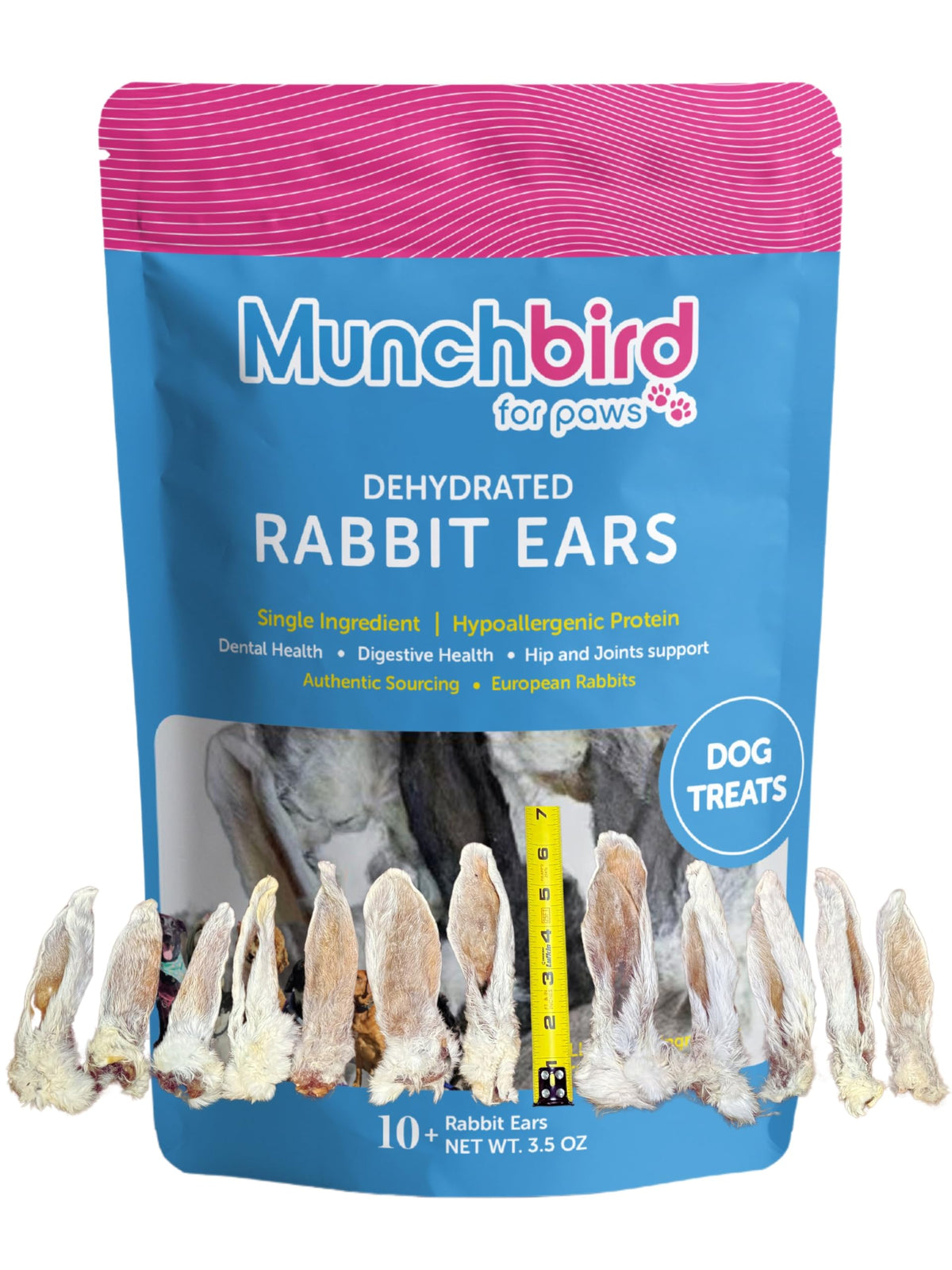 Munchbird dehydrated rabbit ears 100g pack, crunchy dog snack for daily use.