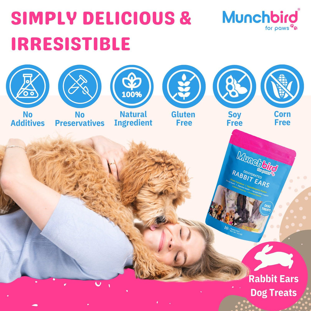 Munchbird hypoallergenic dog treat, single-ingredient rabbit ear option.