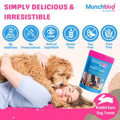 Munchbird hypoallergenic dog treat, single-ingredient rabbit ear option.