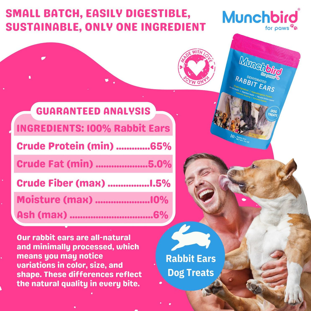 Munchbird rabbit ear highlighting calcium and joint-support nutrients.