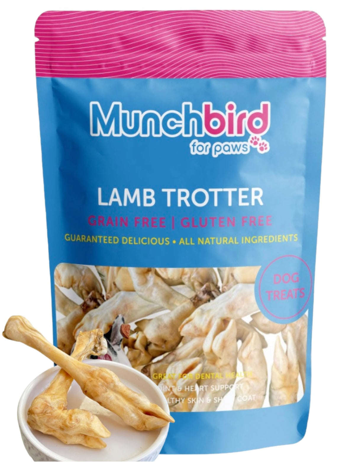 Munchbird Lamb Trotter bag closeup showing grain-free, joint-supporting ingredients